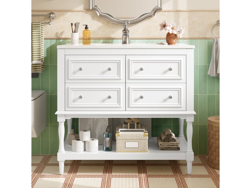 Meuble vasque sur pied 92×47×88 cm blanc, lavabo céramique, 4 tiroirs, niche ouverte - Conforama B