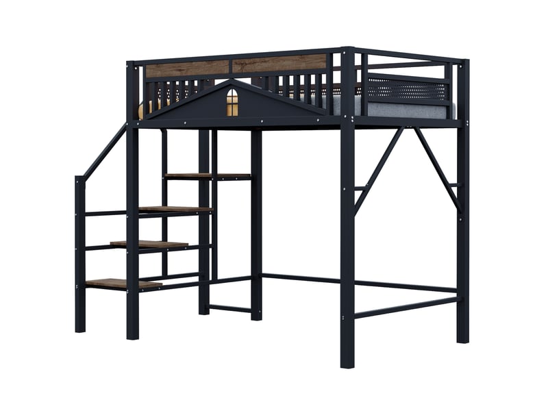  Lit mezzanine métal 140x200 cm avec échelle de sécurité et espace sous le lit noir  - Conforama A