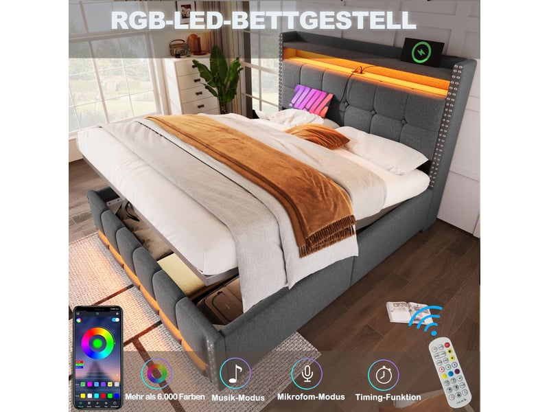  Lit coffre 140x200 cm gris – led, port usb et tête avec étagères intégrées  - Conforama E