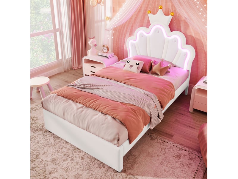  Lit enfant 90 x 200 cm avec 2 tiroirs, éclairage led télécommandé, blanc  - Conforama E