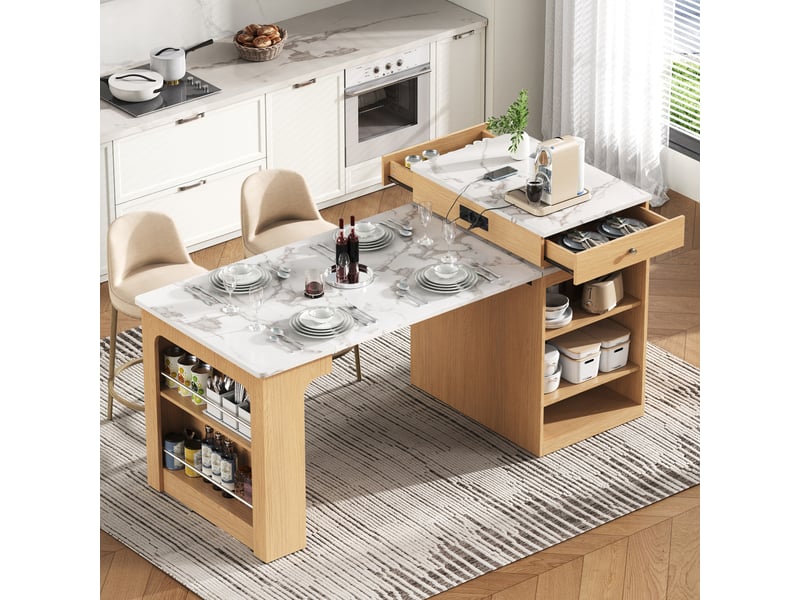  Îlot de cuisine sur roulettes table extensible 80 x 71-151 cm multiprise tiroir chêne naturel  - Conforama B