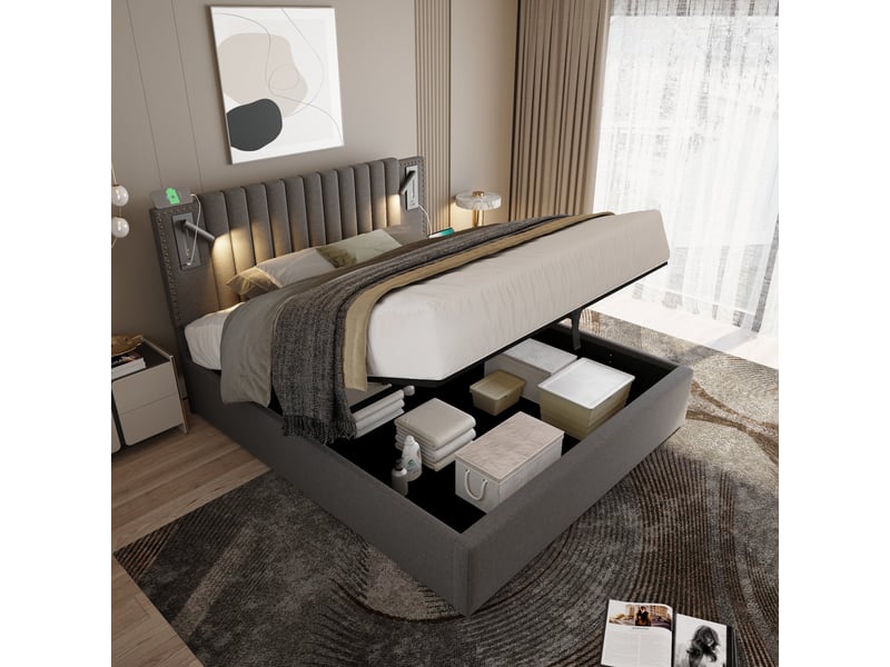  Lit coffre classique 180x200cm lit double avec rangement, lampe de lecture, charge, tête de lit, coton gris sans matelas  - Conforama D