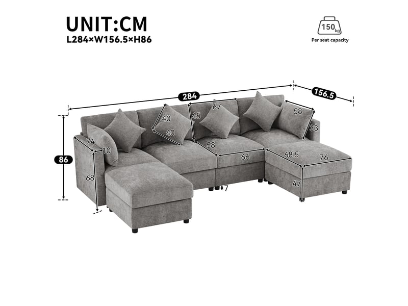 Canapé d'angle droit modulable en chenille avec accoudoirs réglables et 2 poufs, gris - Conforama E