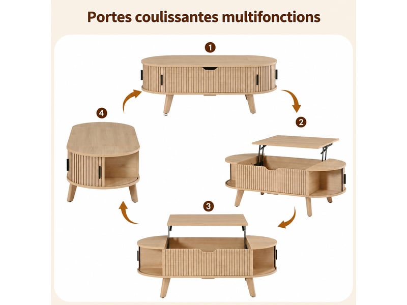  Table basse ovale avec plateau relevable, 110x50 cm, espace de rangement caché et 2 portes coulissantes, couleur naturelle  - Conforama E