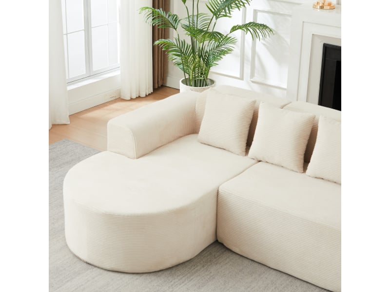 Canapé d'angle modulable 220 cm en velours côtelé - dossiers et accoudoirs arrondis, 3 coussins, salonsalle de jeux - Conforama E