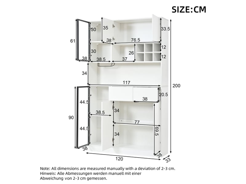 Vitrine avec 6 portes, 2 tiroirs, niches ouvertes et led en panneaux de particules blancs 120 × 33 × 200 cm - Conforama C