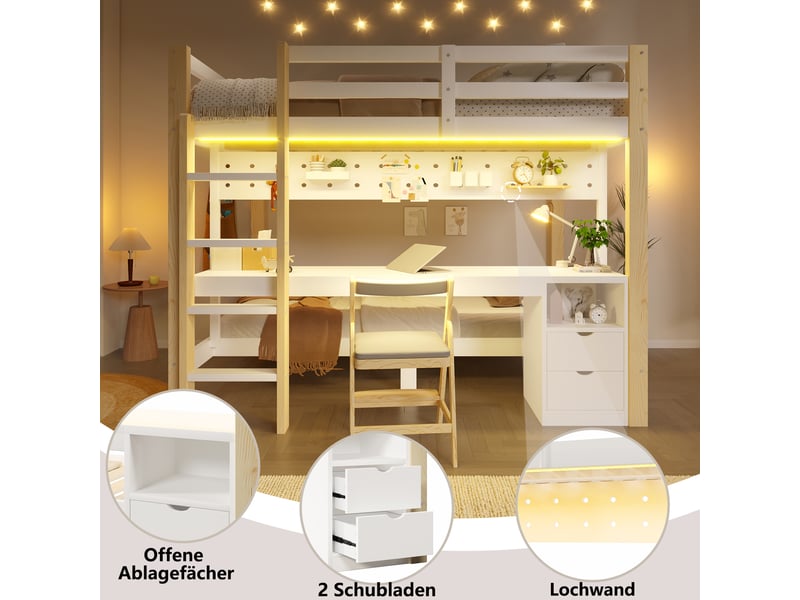  Lit superposé 90x200 cm, lit enfant, tiroirs, bureau, métal naturel et blanc, led  - Conforama R