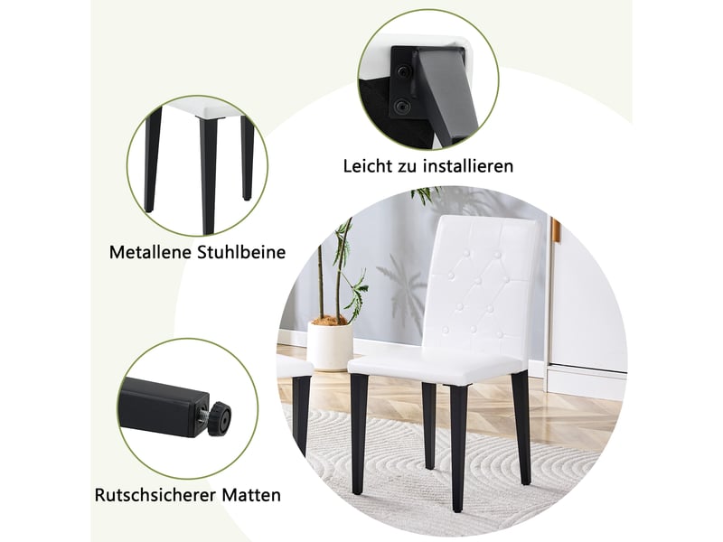  Lot de 4 chaises de salle à manger à dossier matelassé et patins antidérapants  - pu blanc et métal noir  - Conforama E