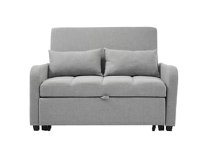 Canapé droit convertible 2 places en tissu gris, dossier réglable 3 positions et 2 coussins, gain de place