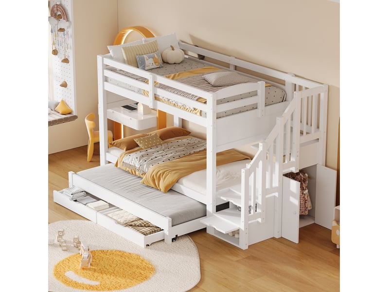  Lit superposé 3 places 90 × 200 cm et 90 × 190 cm, 2 tiroirs, escalier rangement et armoire, sans matelas, blanc  - Conforama C