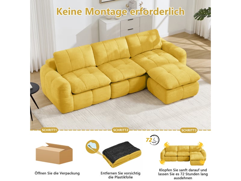 Canapé d’angle modulable 3 places à assise profonde avec ottomane - lpospi - sans cadre, chenille - jaune - Conforama E