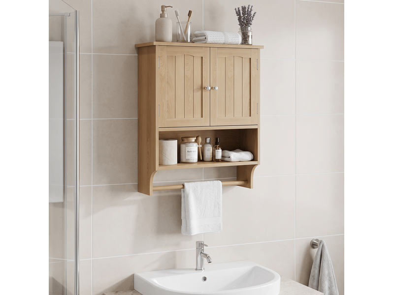  Meuble mural de salle de bains effet chêne avec 2 portes, niche ouverte et porte-serviettes  - Conforama D