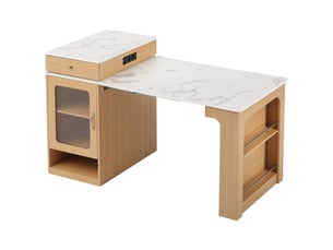 Îlot de cuisine à roulettes avec table extensible, plateau amovible, prises, bar ou buffet, naturel