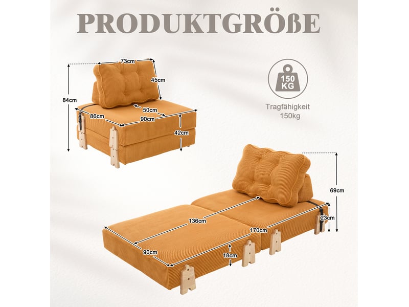 Fauteuil-lit tcqpz convertible 1 place en velours côtelé orange 90 x 86 x 84 cm - Conforama C