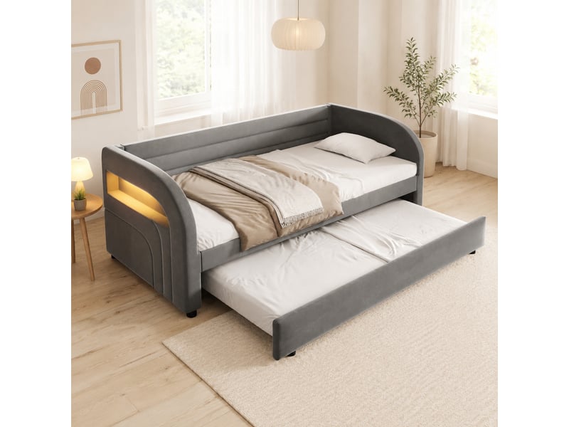  Lit plateforme 90x200 cm avec lit d'appoint et éclairage led intégré, gris  - Conforama C