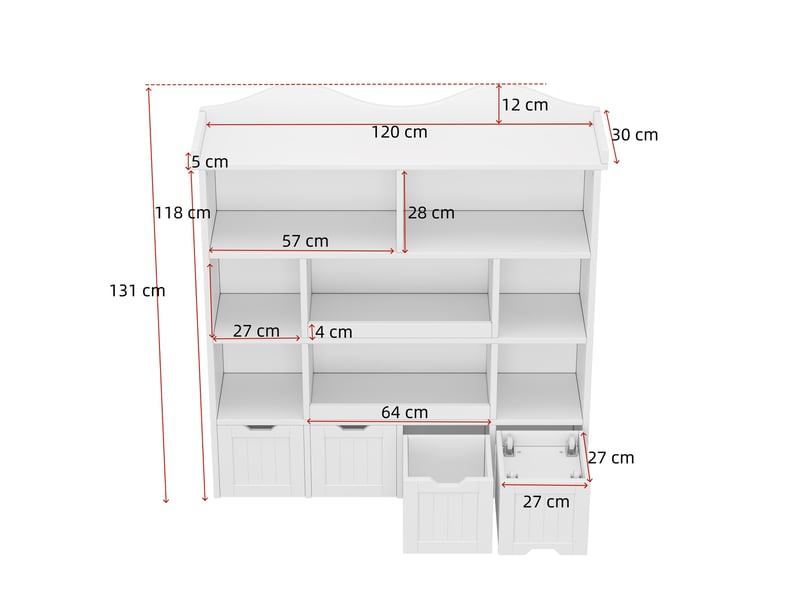 Bibliothèque enfant 120x30x131 cm, meuble de rangement pour jouets, 4 tiroirs, étagères de rangement, rangement ouvert, mdf blanc CozyNest - Conforama C