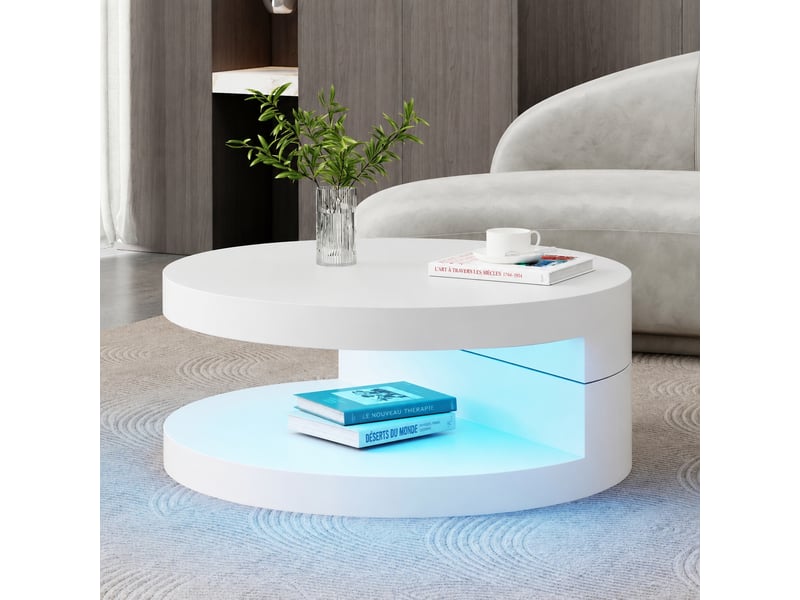  Table basse ronde led, plateau pivotant à 360°, rangement 2 niveaux, ø70 cm, blanc  - Conforama C