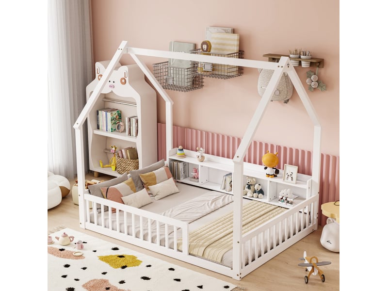  Lit cabane enfant 140x200 cm blanc avec barrières et 4 niches de rangement  - Conforama B