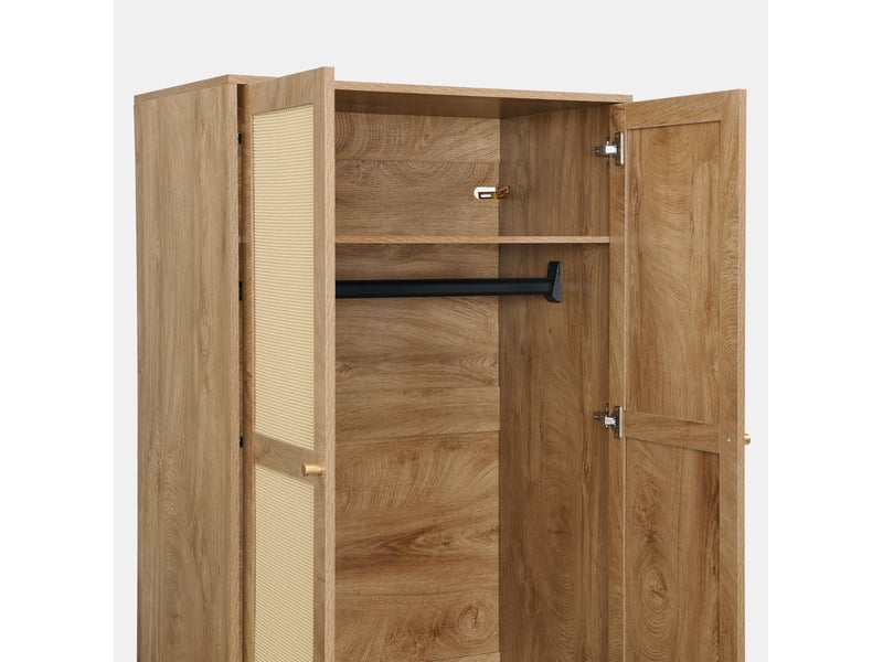  Armoire 80x50x180 cm avec 2 tiroirs et 2 portes en mdf, couleur bois foncé, design naturel, design effet rotin  - Conforama E
