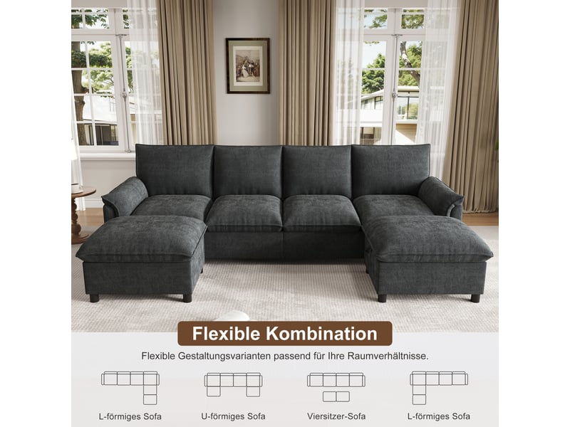  Canapé modulable noir en chenille, 264,5 × 142,5 × 84 cm, avec rangement et 2 poufs mobiles, à assise profonde  - Conforama D