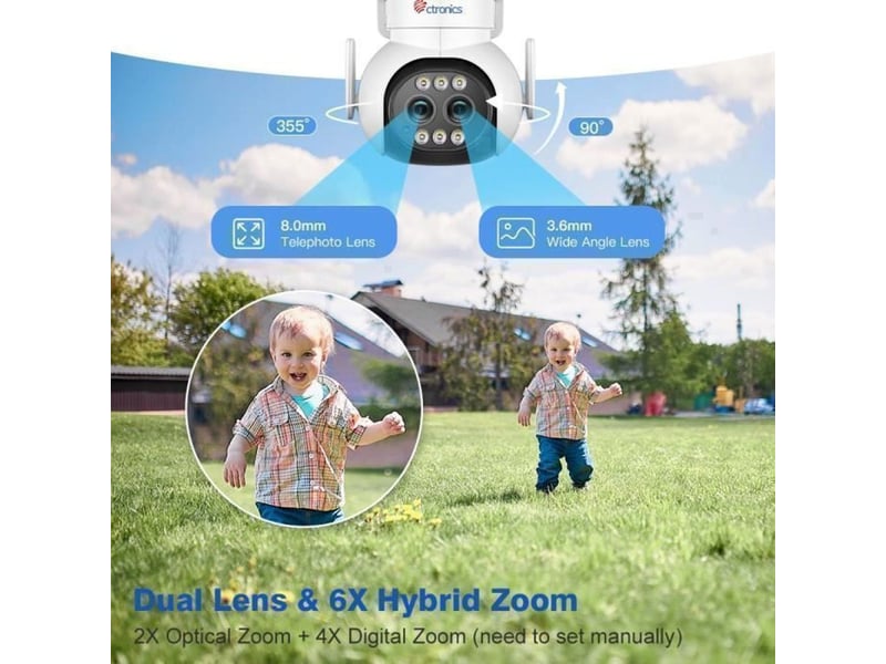  Caméra wifi ptz extérieure 2.5k 4mp double objectif avec zoom hybride 6x vision nocturne couleur ip66 blanc  - Conforama B