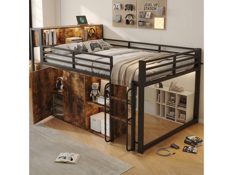  Lit mezzanine 120x200cm avec armoire de rangement, étagères ouvertes, échelle, éclairage led et prise eu, métal, noir et effet bois vintage evarich - Conforama E