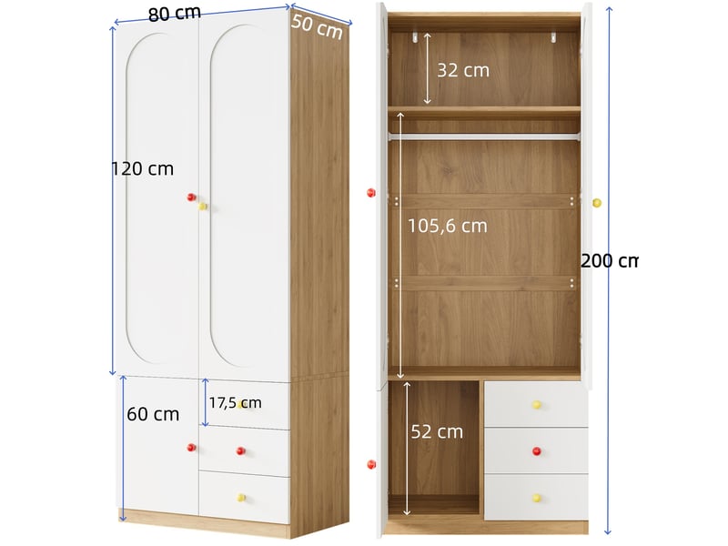  Armoire avec 2 portes, étagère de rangement et tiroirs pour chambre, en mdf, blanc et aspect bois naturel  - Conforama E