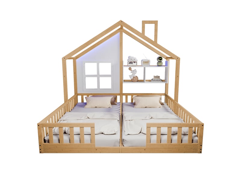 Lit mezzanine bois 90x200 cm avec fenêtres et cheminée, éclairage led, garde-corps, rangements intégrés, sommier inclus - Conforama A