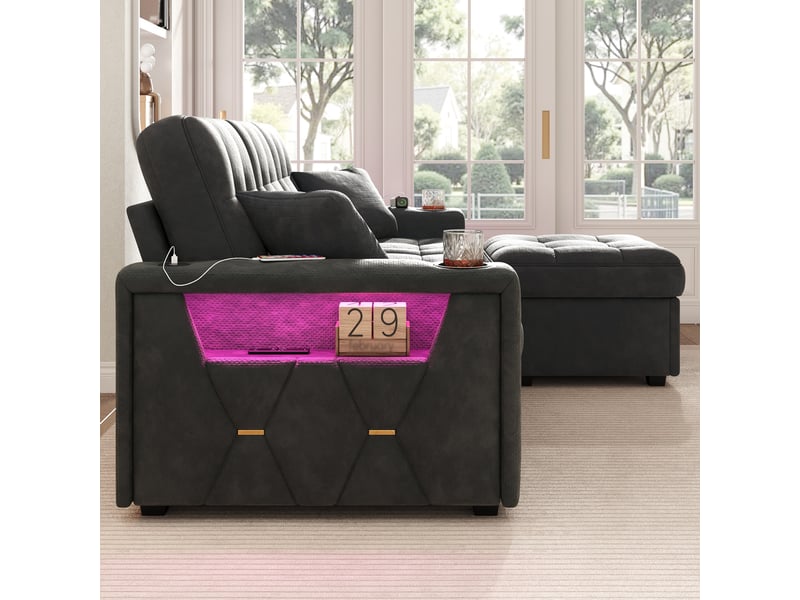 Canapé d’angle 3 places en chenille 194,5x133x83 cm, avec usb-c et led, porte-gobelets, rangements latéraux, 2 tiroirs et pouf coffre, noir - Conforama E