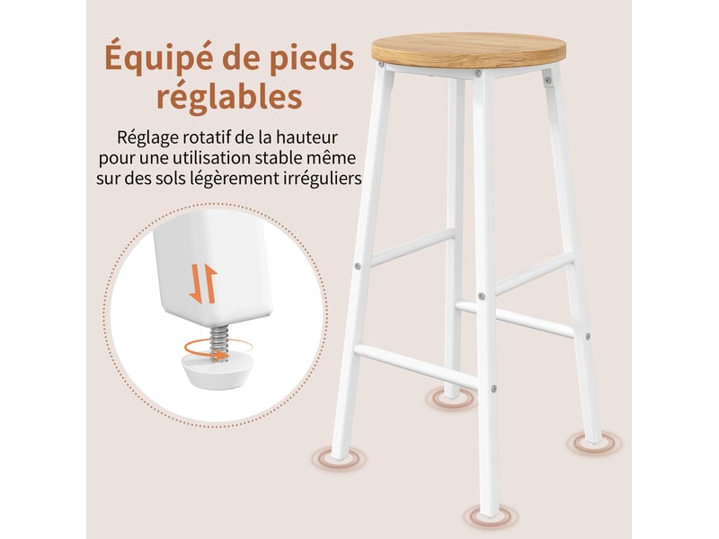  Lot de 2 tabourets de bar 30x30x63 cm avec double repose-pieds, tabouret de cuisine design moderne, mdf et métal, blanc  - Conforama E