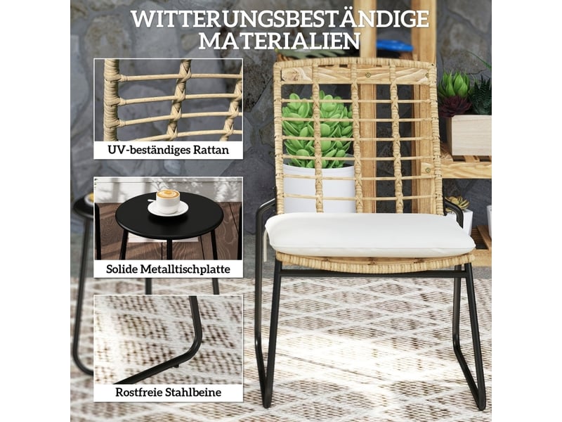 Salon de jardin 3 pièces en rotin 56x67x78 cm – beige – 2 fauteuils empilables et table ronde noire  - Conforama E