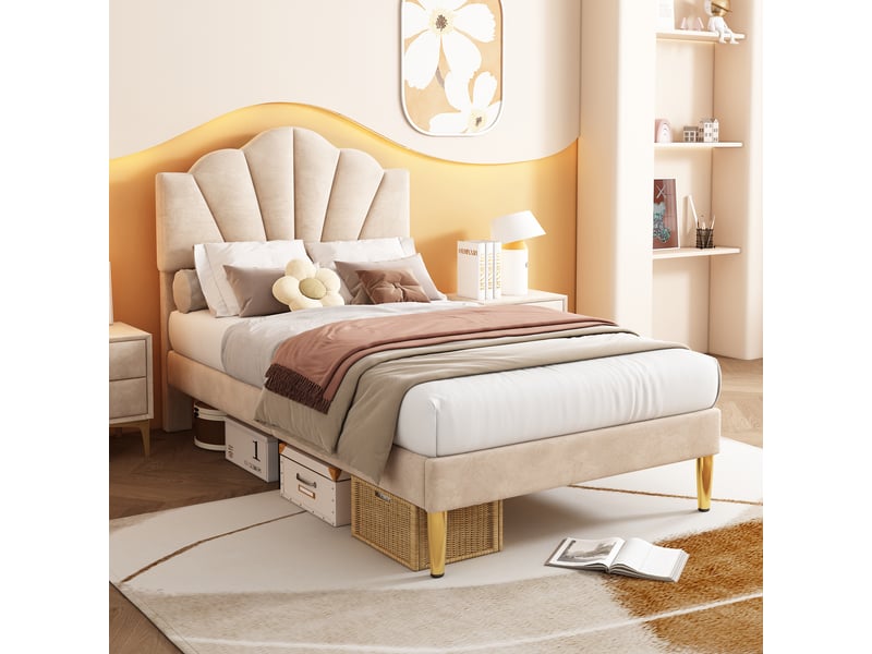  Lit double 90x200 cm avec sommier à lattes, tête de lit ajustable et velours beige  - Conforama E