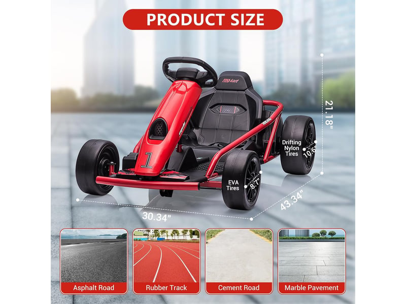  Kart électrique pour enfant 24 v, mode dérive, 2x300 w, siège réglable, mp3, 70 kg – rouge PTO_0YXZLG79 - Conforama B