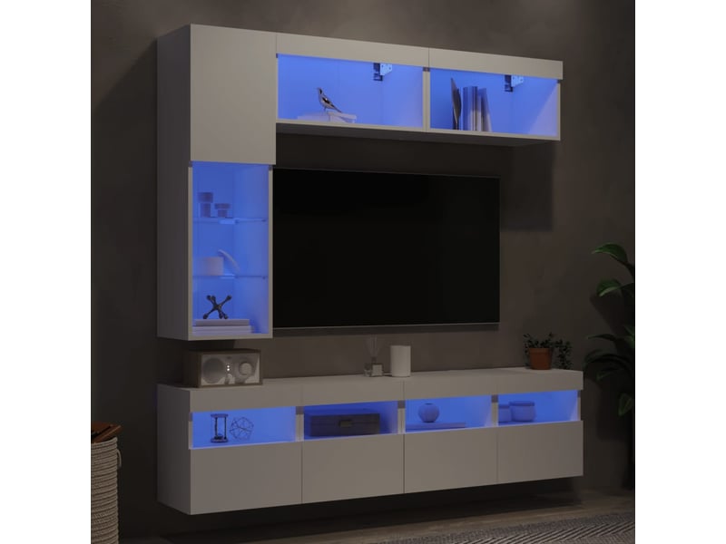  Ensemble de meubles tv - banc tv - meuble de rangement muraux 7 pcs avec lumières led blanc  - Conforama B