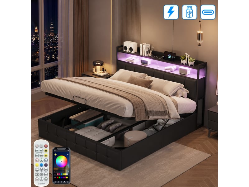  Lit coffre double 140x190cm avec  led et prise usb tpye c - rangement de chevet et tête de lit rembourré- hydraulique - lit adulte 2 personnes - pu - noir - lit capitonné, lit 2 places, cadre de lit, lit ado, sommier à lattes, c…  - Conforama B