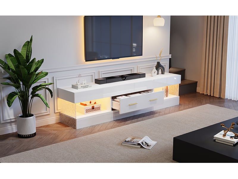  Meuble tv led 152 cm blanc laqué avec 2 tiroirs, étagères ouvertes et panneaux acryliques – pour tv jusqu’à 75 pouces  - Conforama B