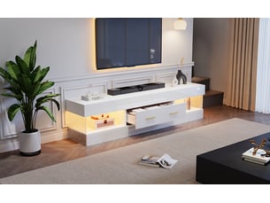 Meuble tv led 152 cm blanc laqué avec 2 tiroirs, étagères ouvertes et panneaux acryliques – pour tv jusqu’à 75 pouces