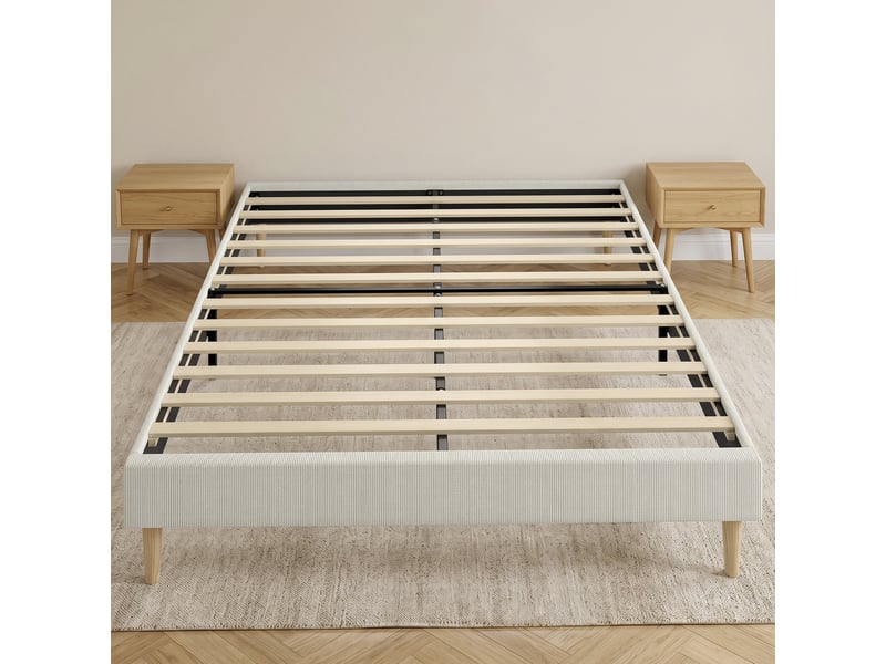  Cadre de lit 140x190 avec sommier, lit double rembourré en velours côtelé crème  - Conforama C