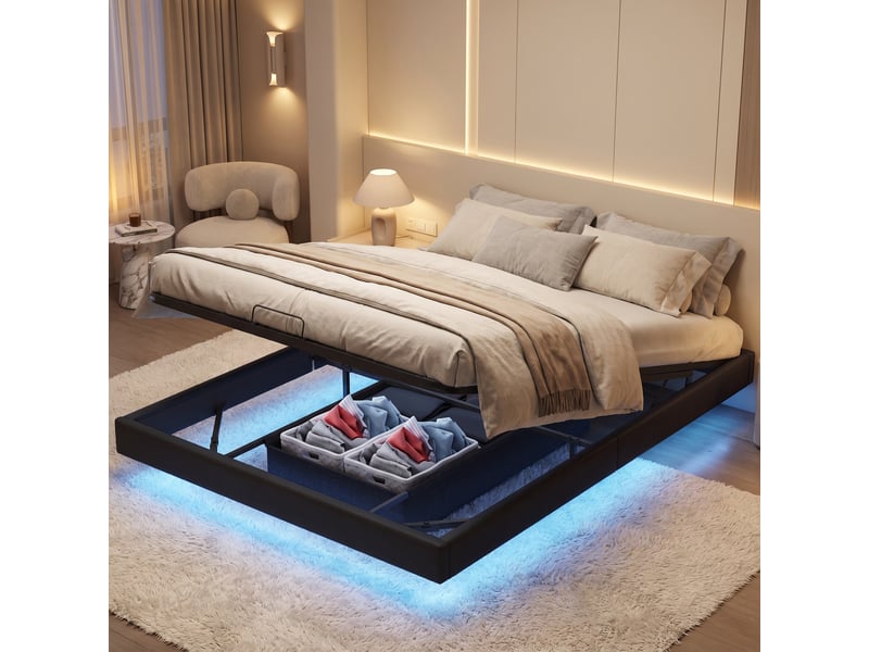  Lit flottant 160x200 cm avec led,lit double rembourré 160x200 cm ,lit de rangement,sommier à lattes,cadre de lit,pu,noir  - Conforama B