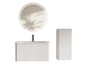 Meuble sous vasque suspendu avec miroir led antibuée, vasque et colonne de rangement pour salle de bain blanc