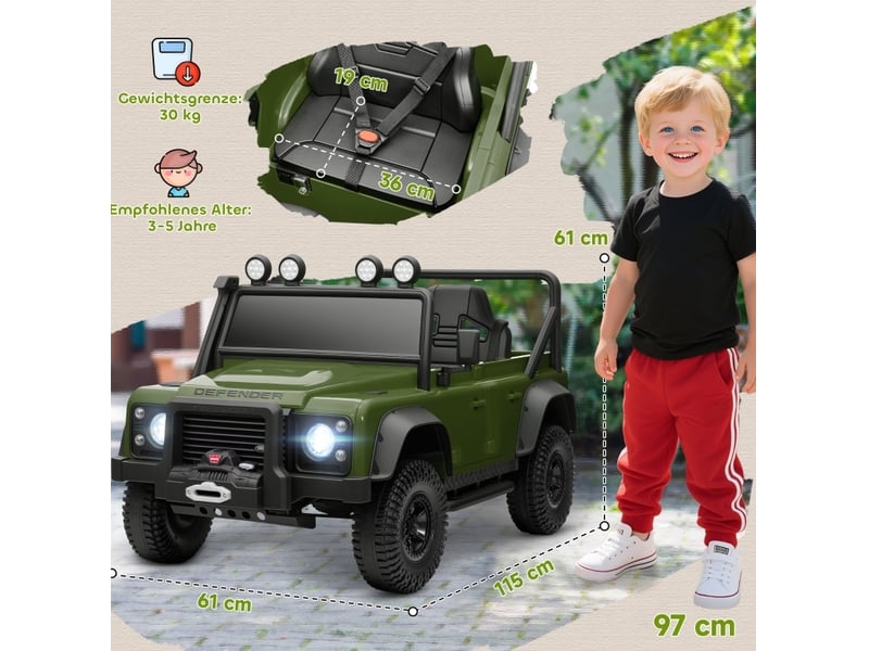  Voiture électrique enfant land rover defender 110 svx 115x61x61 cm 12 v verte  - Conforama D