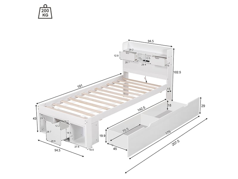  Lit simple multi 90x190 cm, rangement, charge, lit enfant tiroirs, en mdf, coloris blanc, sommier, tête de lit, sans matelas  - Conforama C