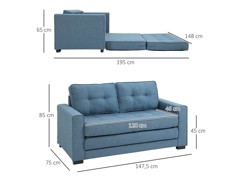 Canapé droit convertible 2 places - dossier capitonné - bleu - 147,5 x 75 x 85 cm - Conforama C