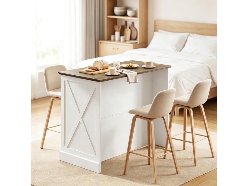  Îlot de cuisine multifonction avec portes coulissantes et 2 tiroirs, plateau marron antique et corps blanc, 106x57x92 cm  - Conforama B
