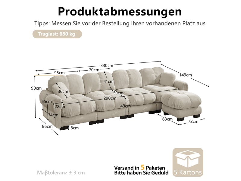 Canapé d'angle 4 places modulaire en tissu taupe clair avec ottomane mobile et dossier ergonomique - Conforama C