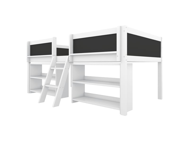 Lit mi-hauteur blanc 90x200 cm en pin, étagères, garde-corps et échelle - Conforama E