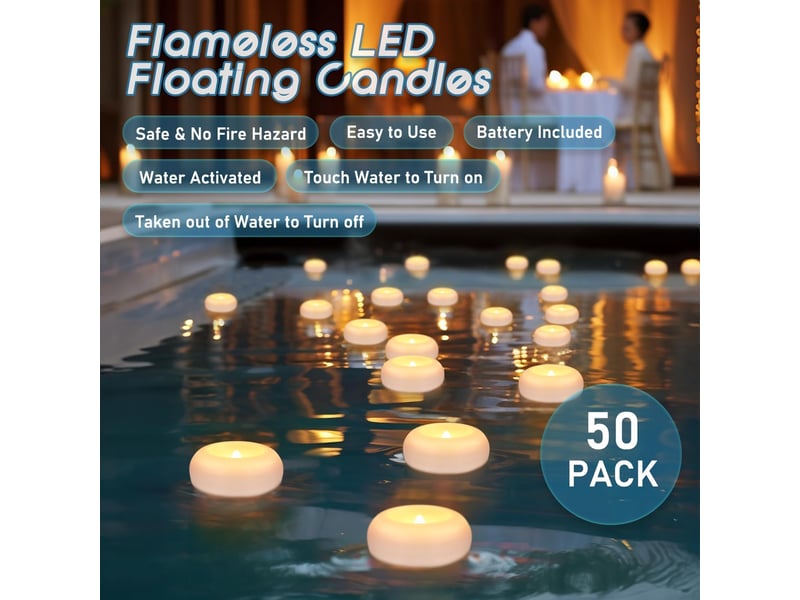  50 pièces bougies led flottantes étanches 7,3 cm, sans flamme, activation par eau, lumière blanc chaud pour piscine et mariage  - Conforama B