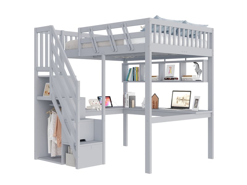 Lit mezzanine 140x200 cm avec bureau, escalier de rangement et led coloris gris - Conforama A