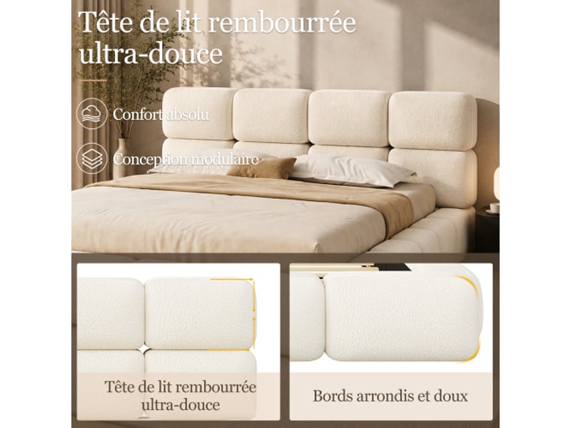  Lit double 200x200 cm rembourré avec coffre de rangement hydraulique, tête de lit et base à lattes, bubble bouclé blanc  - Conforama E
