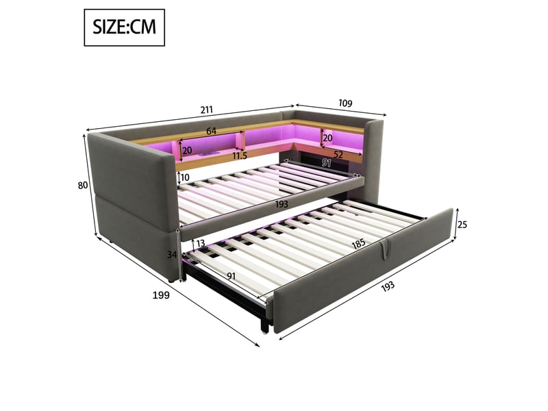  Lit banquette 90180x190 cm – gris foncé – couchage gigogne, led, prises et rangements – sans matelas  - Conforama C